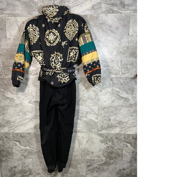 Obermeyer VTG Women's Petite Sz 4 Belted Ski Snow Suit Jumper Black Retro Print - Picture 2 of 16